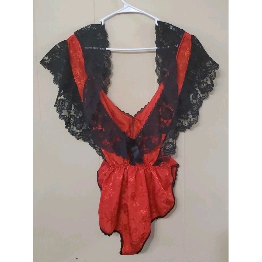 Vintage Henson‎ Kickernick 80s Teddy Lingerie Sexy Red Black Lace Size Large USA